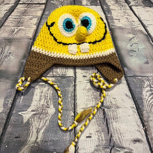 Sponge Bob Square Pants Baby Toboggan Hat with Tassels - Handmade - Picture 1 of 8